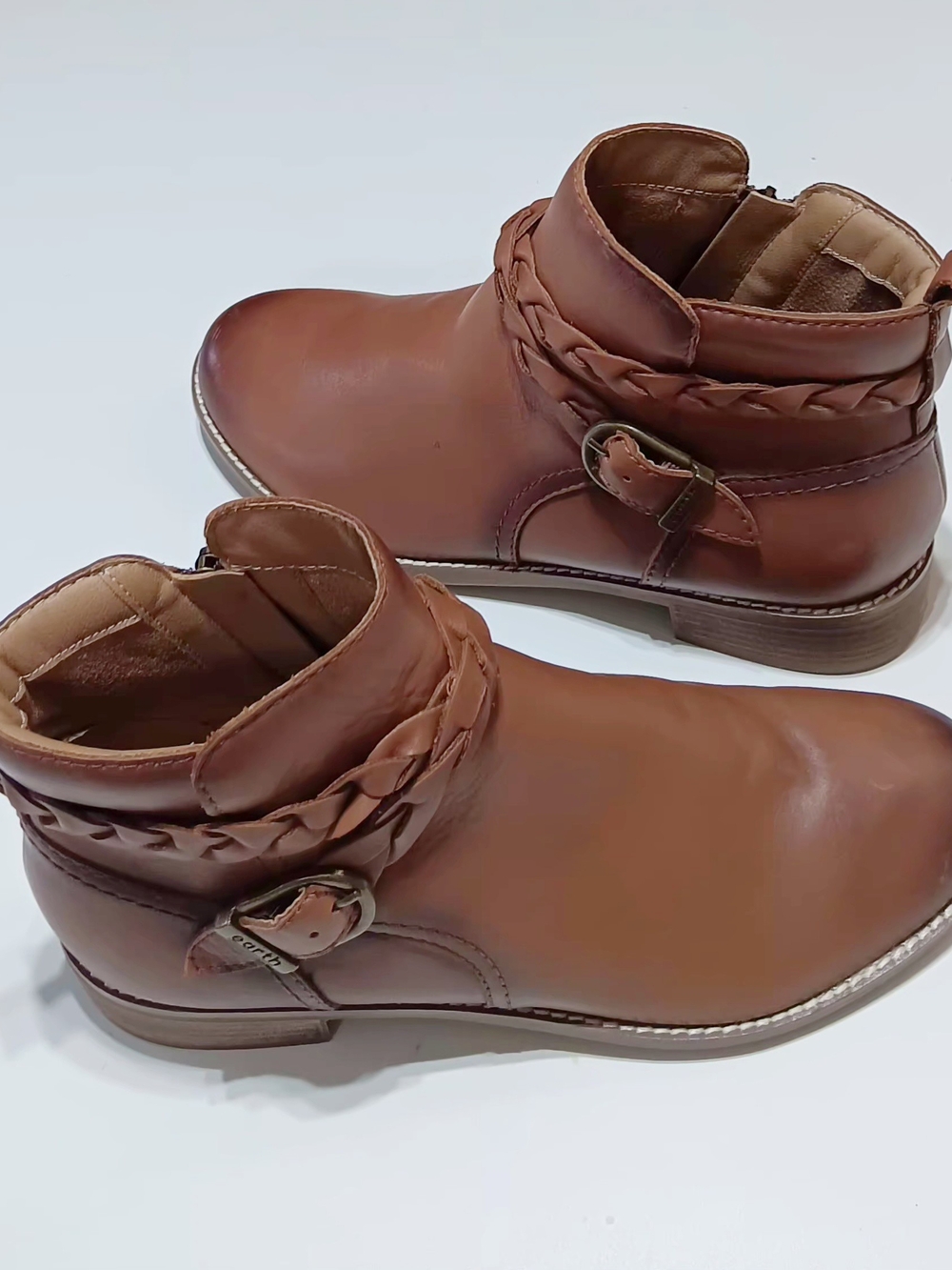 EARTH Women's Brown Leather Ankle Boots with Braided Strap Size 10M